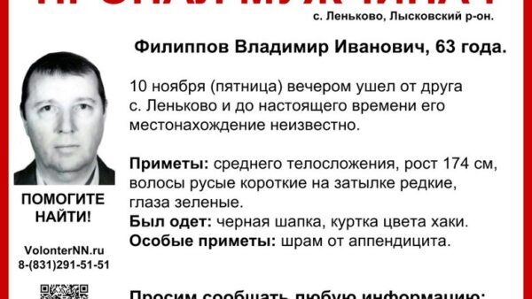 В Лысковском районе разыскивают 63-летнего Владимира Филиппова