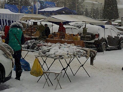 В Саратове снегопадом занесло лотки ярмарки на Театральной площади