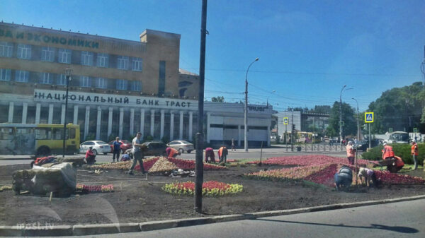 "Зеленхоз" начал украшать клумбу на площади Героев