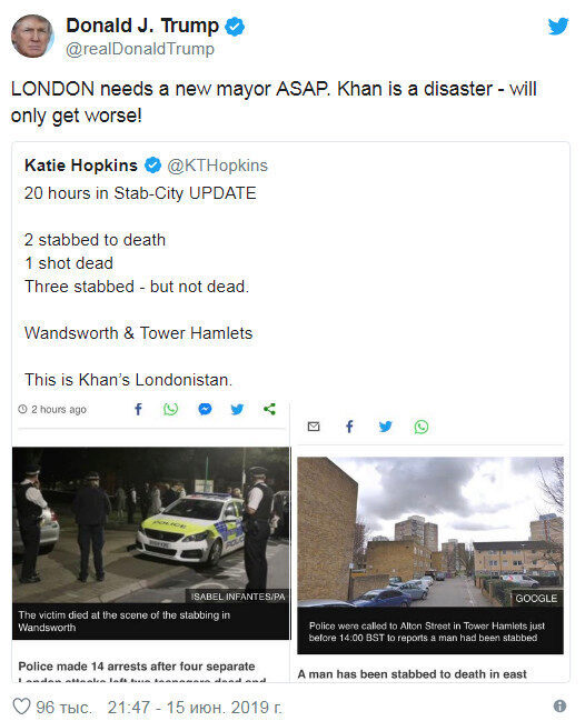 «Это катастрофа» — Трамп советует Лондону немедленно заменить мэра