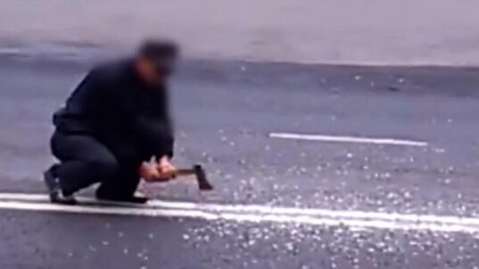 Вооружившись топором, мужчина попытался перерубить двойную сплошную на трассе (Видео)