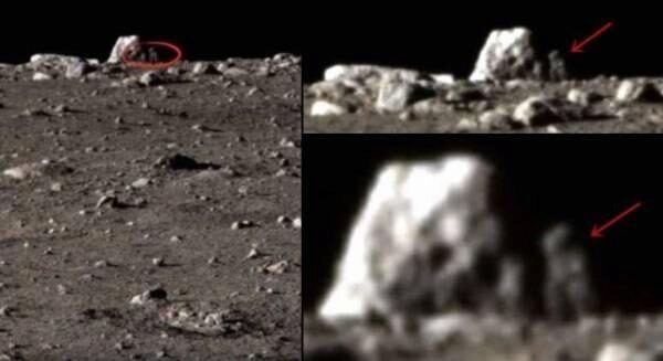 Новое фото гуманоида запечатлел луноход Chang’e 3 у одной из скал на поверхности Луны