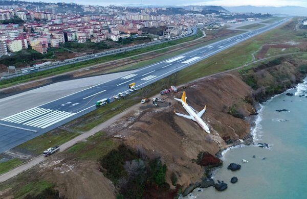 В Сети опубликовали видео из Турции с застрявшим на краю обрыва Boeing