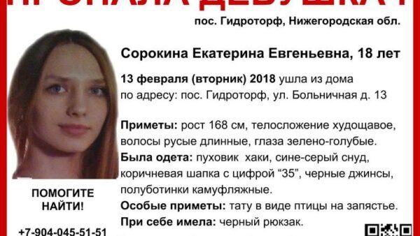 В Нижегородской области разыскивают 18-летнюю Екатерину Сорокину