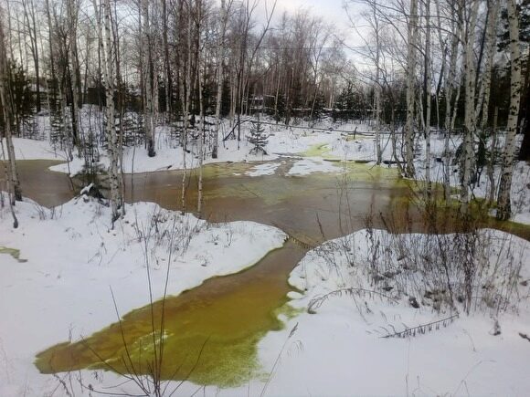 В Первоуральске около дороги образовалось озеро с ядовито-зеленой жидкостью