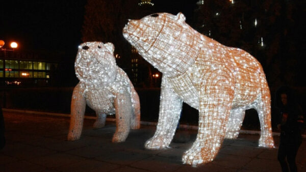 В Липецке вандалы разорвали гирлянды на полярном медведе